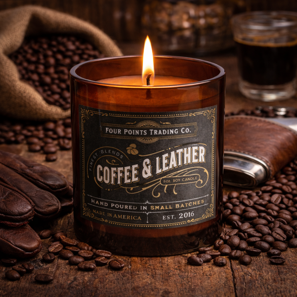 Coffee and Leather 8oz Soy Candle - Four Points Trading Co.