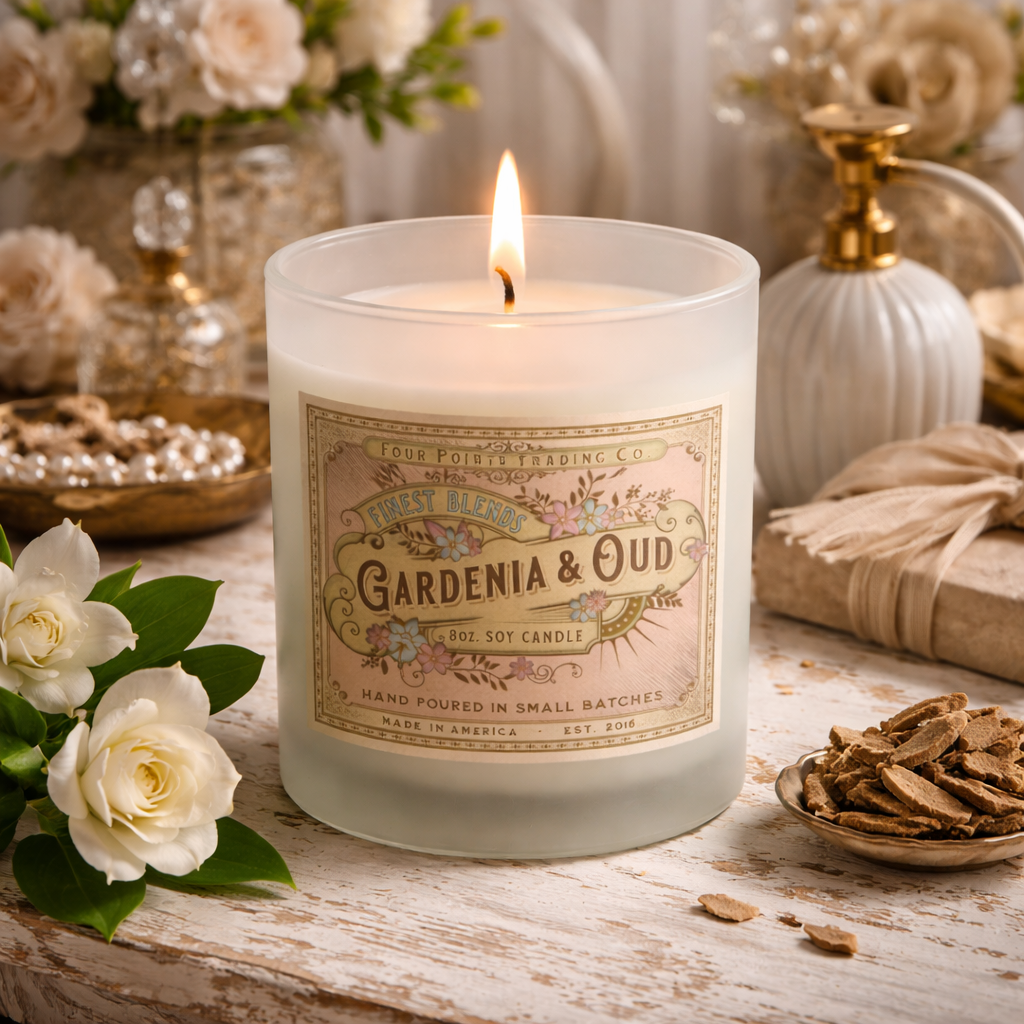 Gardenia & Oud 8oz Soy Candle - Four Points Trading Co.