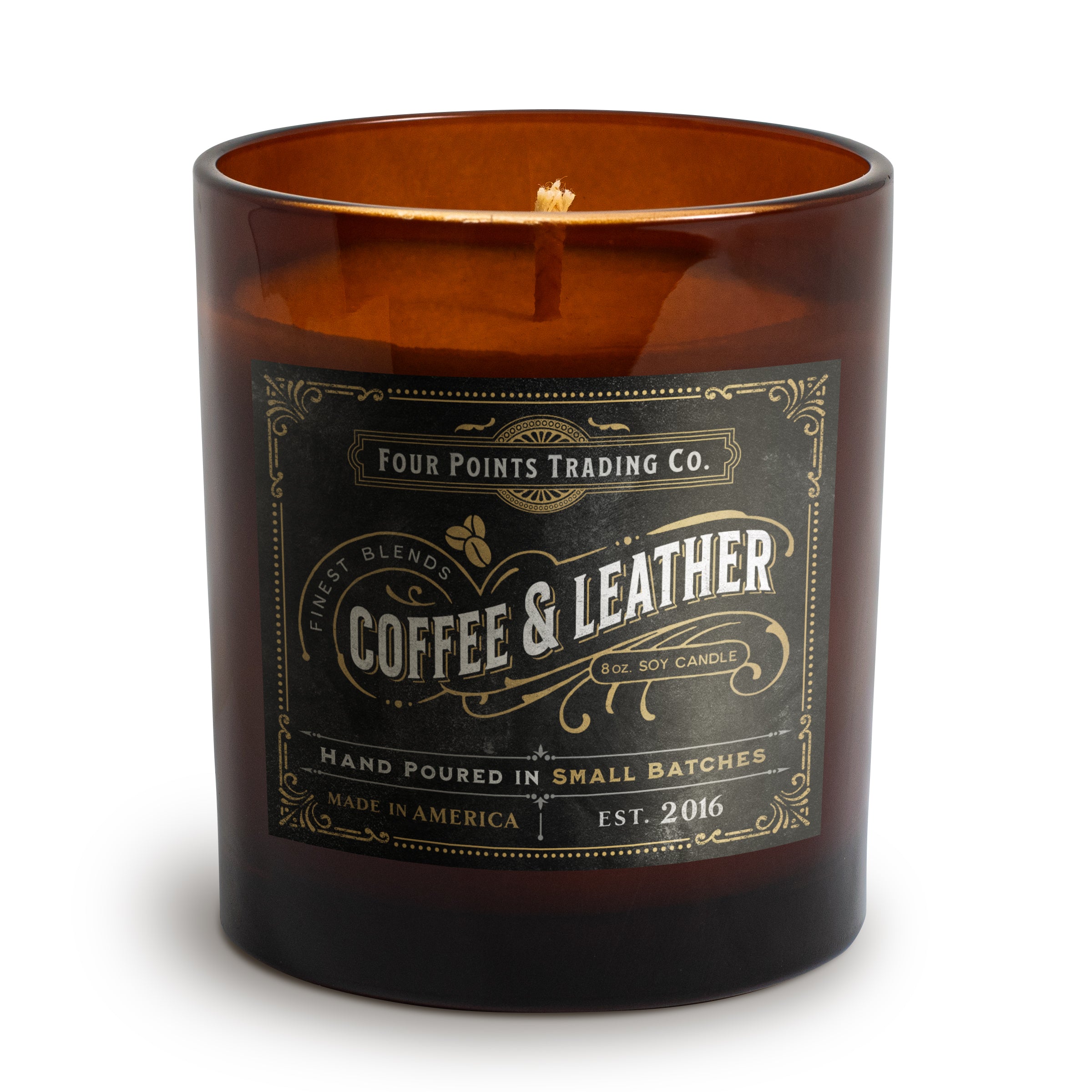 Coffee and Leather 8oz Soy Candle - Four Points Trading Co.